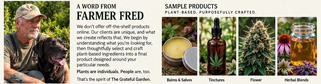 Farmer Fred with his dog and the complete sample products row