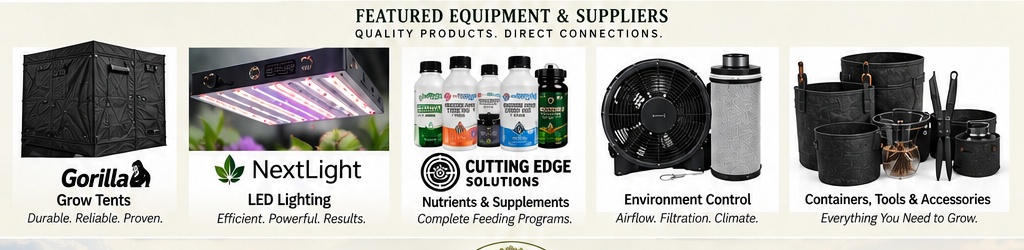 Featured equipment and suppliers including Gorilla Grow Tents, NextLight, Cutting Edge Solutions and environment controls